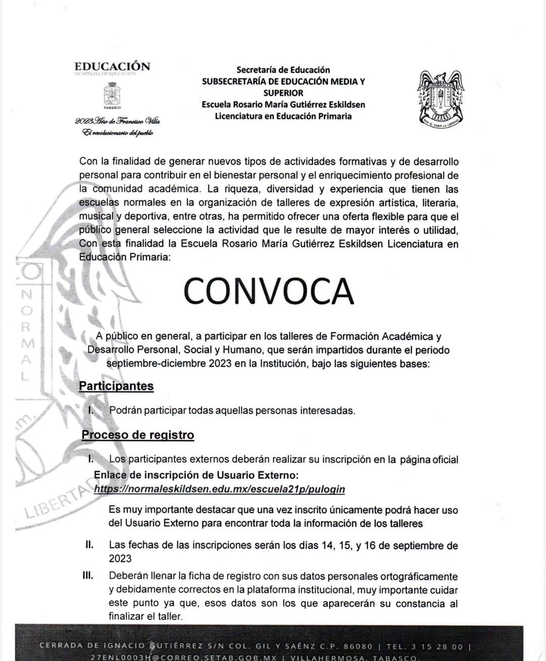 CONVOCATORIA TALLERES DE FORMACIÓN ACADÉMICA Y DESARROLLO PERSONAL, SOCIAL Y HUMANO.